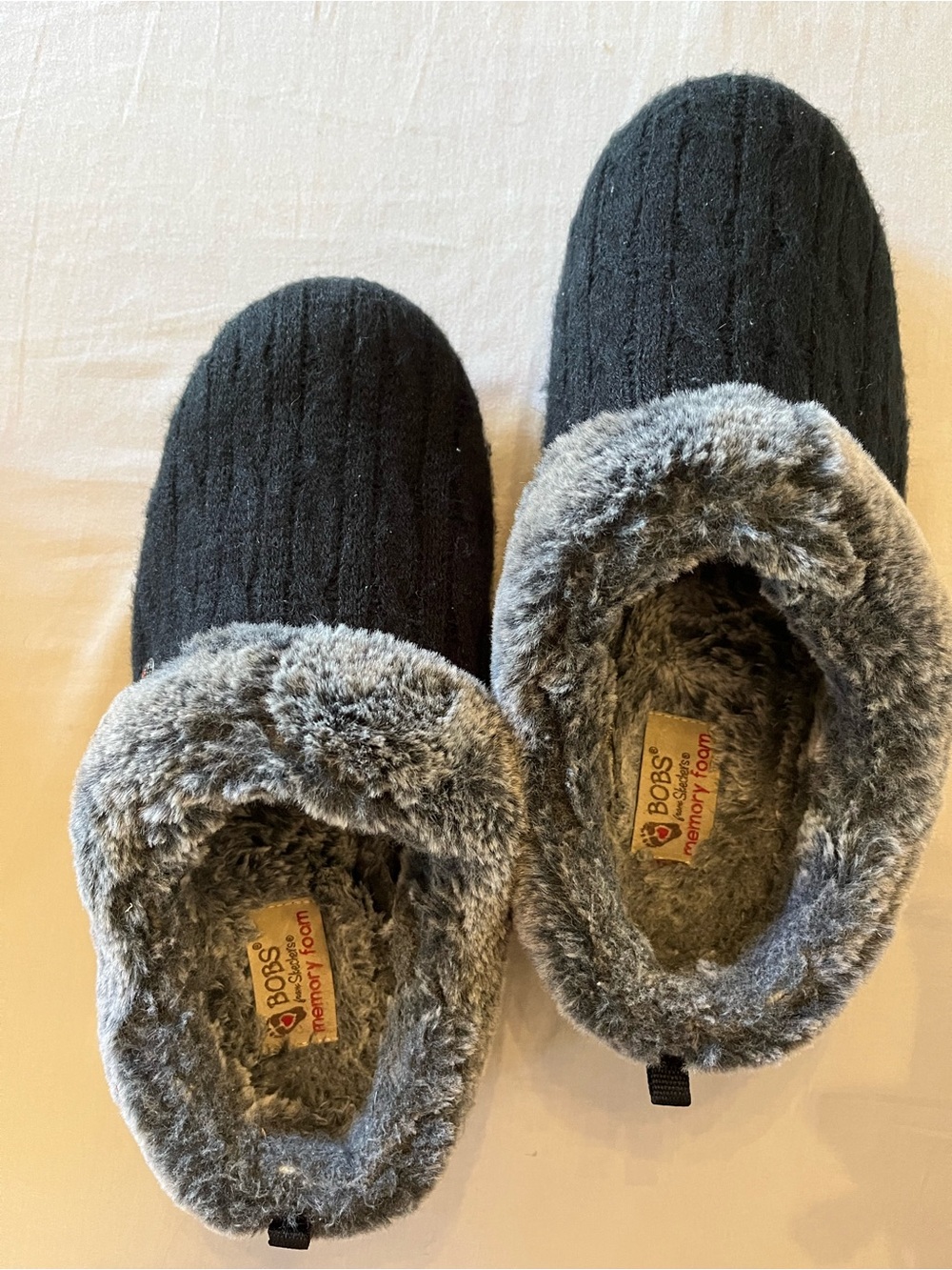 Skechers BOBS Women’s Black Knit Slip-On Slipper Mules with Faux-Fur Trim, 9